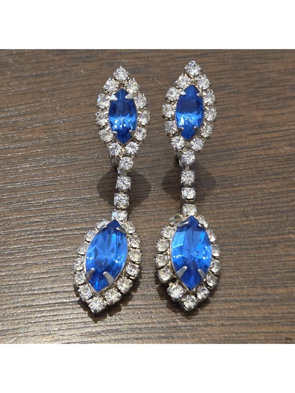 Blue & Clear Glass Rhinestone 2" Dangle Drop Clip On Screwback Earrings